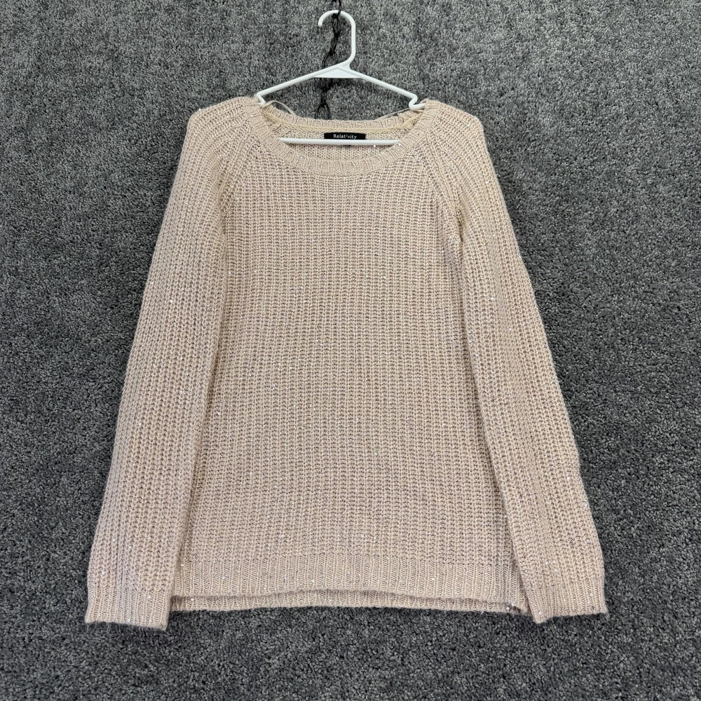 Relativity Sweater Womens Small Beige Waffle Knit Sequin Scoop Neck Pullover